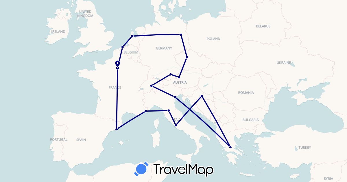 TravelMap itinerary: driving in Austria, Belgium, Switzerland, Czech Republic, Germany, Spain, France, Greece, Croatia, Italy, Netherlands (Europe)